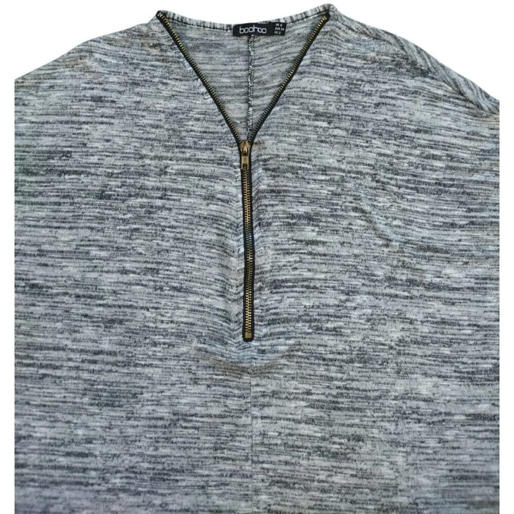 Boohoo Heathered Gray Batwing Zip Front Oversized Knit Top Size 2 3/4 Sleeve.
